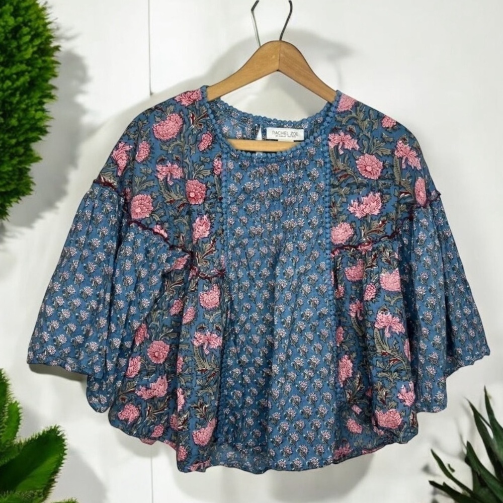 Rachel Zoe Floral Peasant Blouse XS Mixed Print Babydoll Boho Bell Sleeve